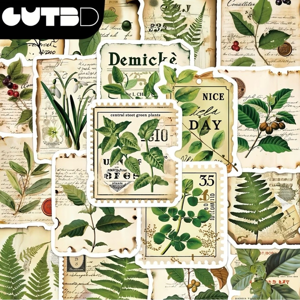 Vintage Botanical Sticker Set of 50 Green Plants Leaves Crafts Cards